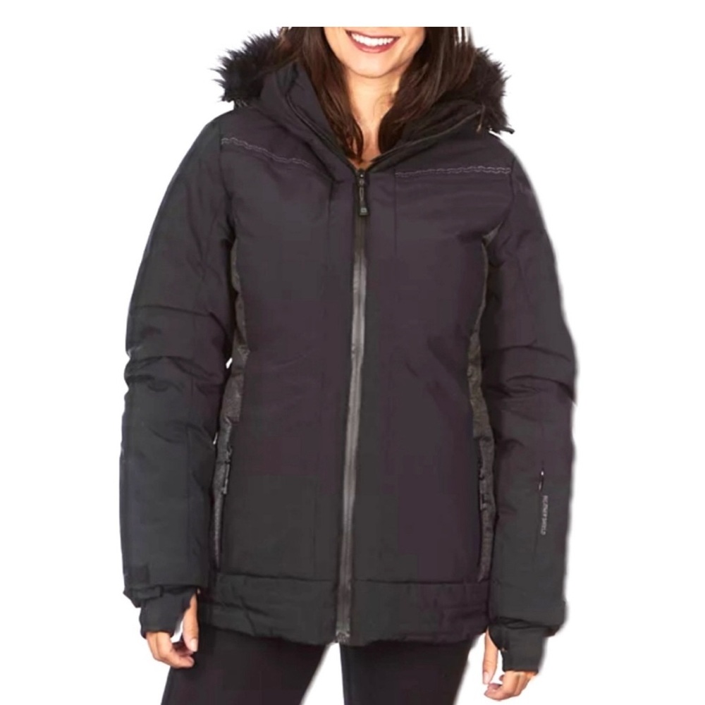 Avalanche Womens Black Faux-Fur Hood Water-Resistant Thumb Holes Ski Jacket Sz S
